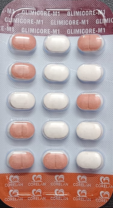 Blister pack of Glimicore M1 tablets with white and pink medicine pills by Corelan.