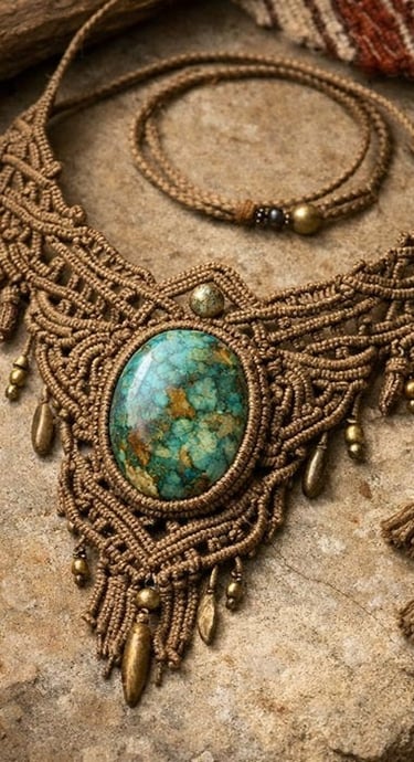 Collar de macramé con piedra verde-azulado sobre rocas. 
