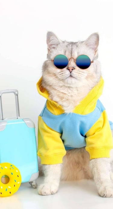 Gato gordito con lentes, maleta azul y sudadera amarilla con azul