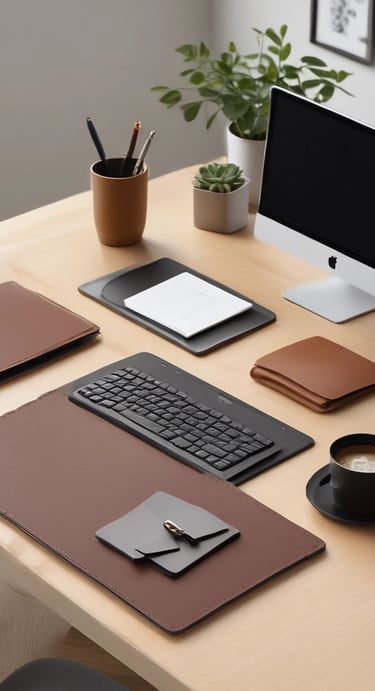 a desk with a computer and a keyboard with leather amenities