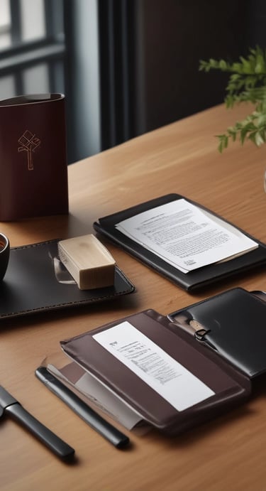 a table with a leather menu