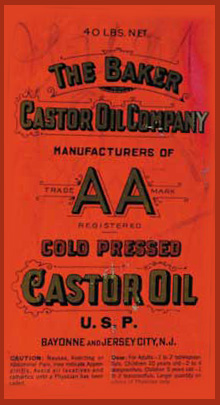 Vintage red label for The Baker Castor Oil Company cold pressed castor oil from New Jersey.