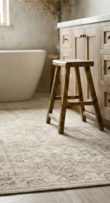 Vintage patterned runner rug on a light wood floor in a modern neutral bathroom with a freestanding tub.