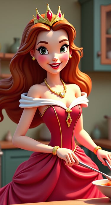 a cartoon princess in a red dress with a crown on her head