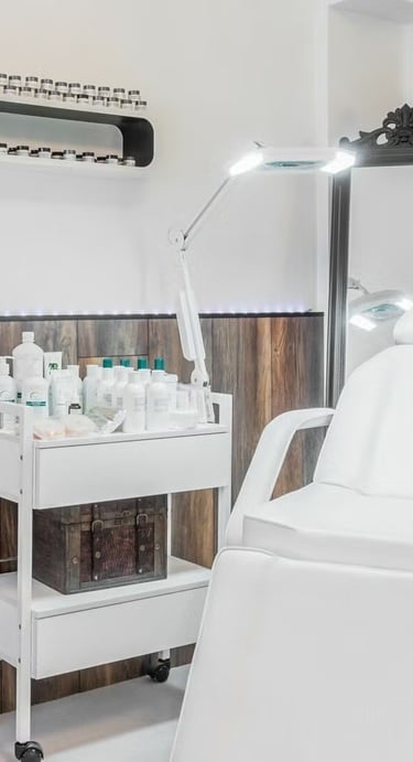 a salon salon chair with a hair dryer and a hair dryer