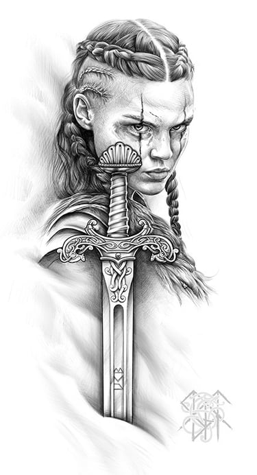 a drawing of a viking warrior woman with a sword
