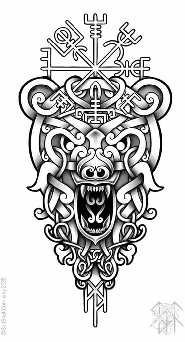 a tattoo style of a viking bear head and Celtic knot