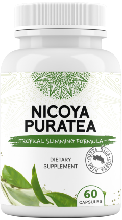 Nicoya Puratea tropical slimming formula dietary supplement bottle with green tea leaves.