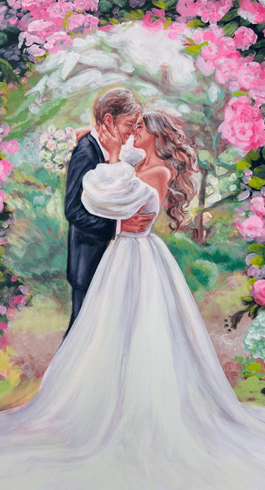 Live Wedding Painting, Couple looking tenderly at each other on their wedding day just before kiss