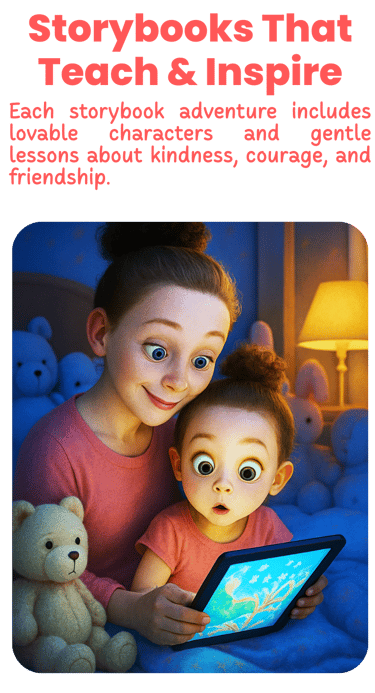 a mother reading a storybook for her kid from a tablet