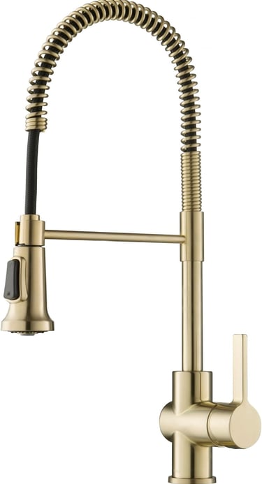 Brushed gold pull-down kitchen faucet with a high-arc spring spout and single-handle design.