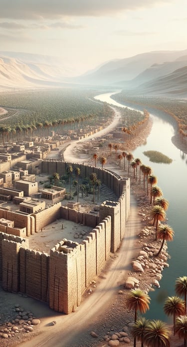 a large city with a river and palm trees