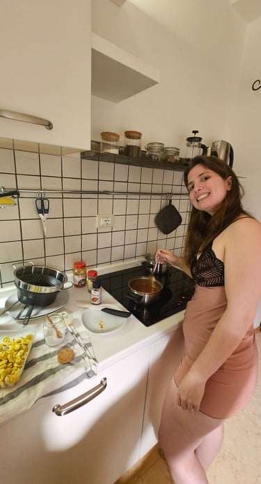 Foto cozinhando no nosso airbnb das Dolomitas.