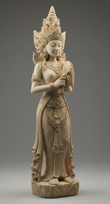 A finely detailed limestone statue of Dewi Sri standing gracefully while holding a bundle of rice,