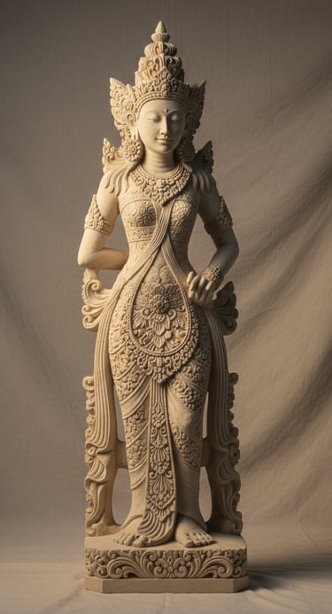 A detailed limestone statue of Dewi Sri with intricate carvings and a serene expression — part of Ar