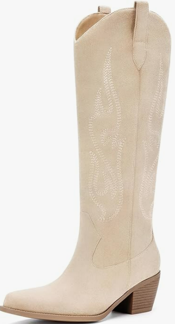 cream cowboy boot with small heel and white designs