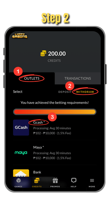 step 2 of how to cash out at phsabong