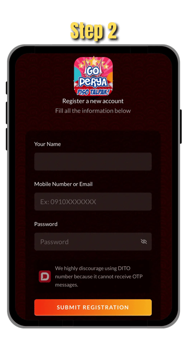 go perya registration page on mobile screen