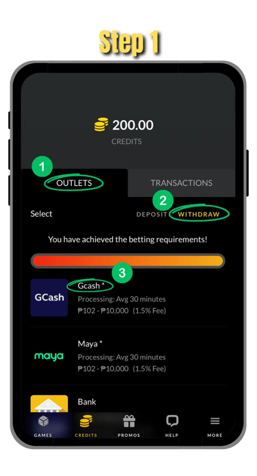 step 1 of withdrawing funds in go perya on mobile screen