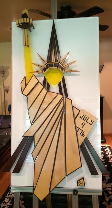 LADY LIBERTY easel pic-art on clear plexi-white back-richWOODart.com-28"x49"-31 lbs.
