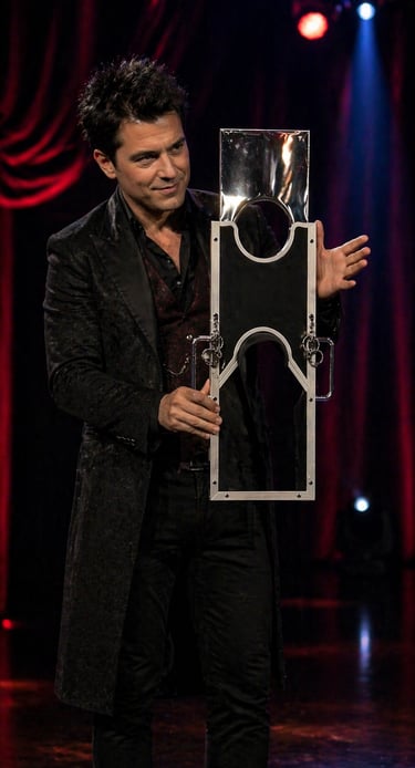 Professional magician on stage performing a classic guillotine magic trick with impenetra 