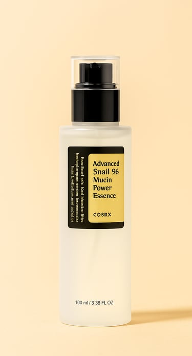 COSRX snail mucin essence skincare bottle on yellow background
