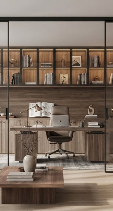 Modern Luxury Study System: Ultra-Slim Aluminum Glass Sliding Door & Integrated Cabinet Solution