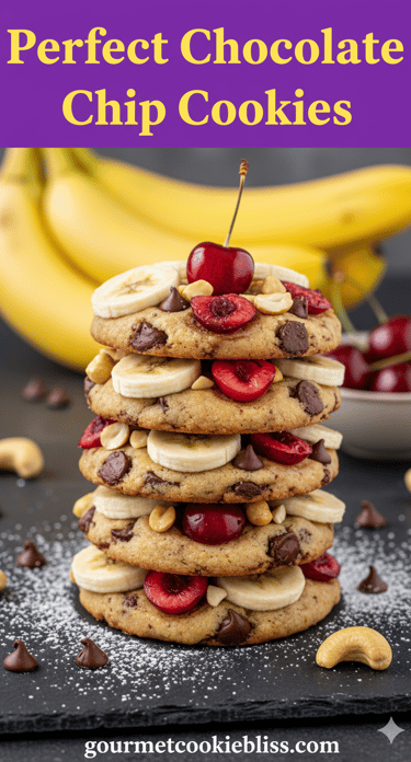 A high stack of thin, decadent chocolate chip banana cookies, layered with sliced bananas, cherries.