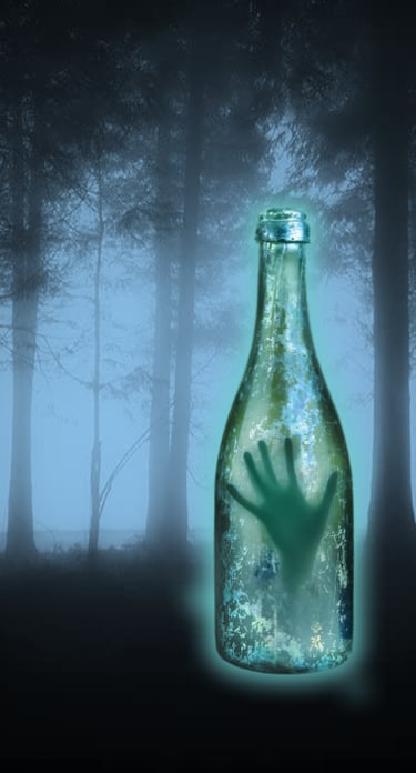 mysterious wine bottle with somone inside at a dark forest