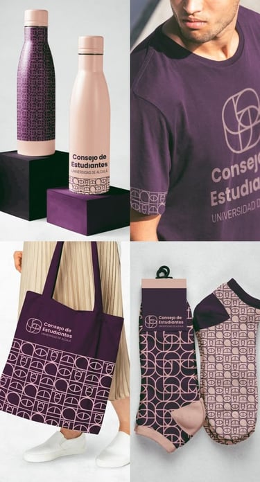 Mercancía personalizada  que incluye botellas de agua , camisetas, bolsos de mano y calcetines 