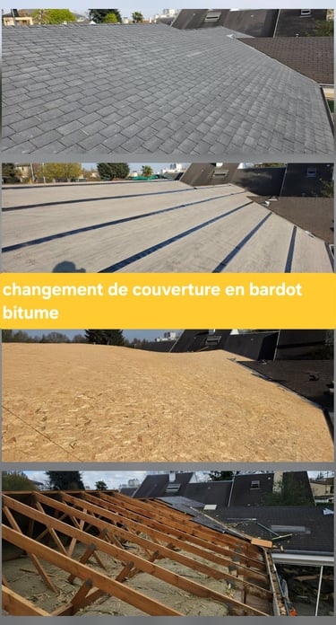 Étapes de changement de couverture en bardeaux bitumineux sur une charpente en bois.