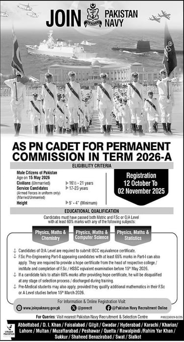 Ad of Pakistan Navy PN Cadet permanent commission recruitment October 2025