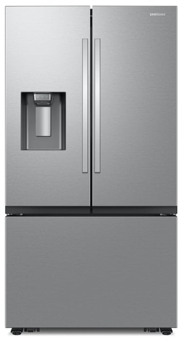 A samsung stainless steel french door refrigerator with a water and ice dispenser.