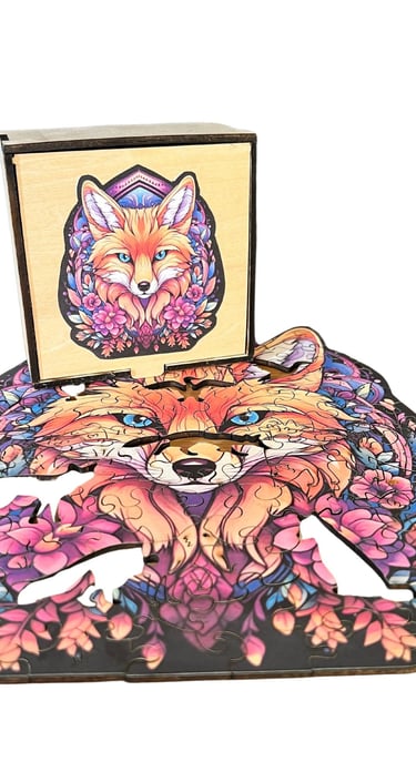 Colorful fox-shaped wooden jigsaw puzzle with floral details, shown with its box.