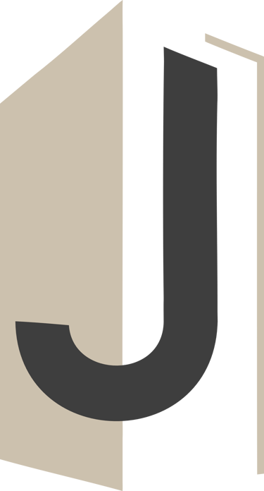 A minimalist graphic logo featuring a stylized dark gray letter J over a beige and black geometric folder icon.