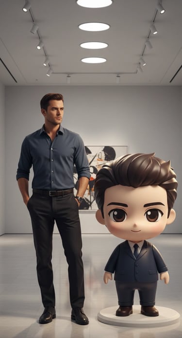 a man standing next to a statue of a man