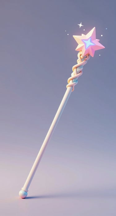 3D render of a magic wand tool in a digital environment, sparkling with pastel particles, soft and sensitive lighting.