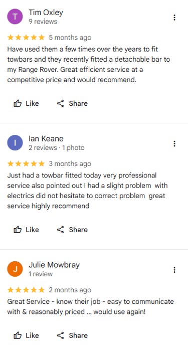Customer reviews for Starmo Auto Electrics towbar installations