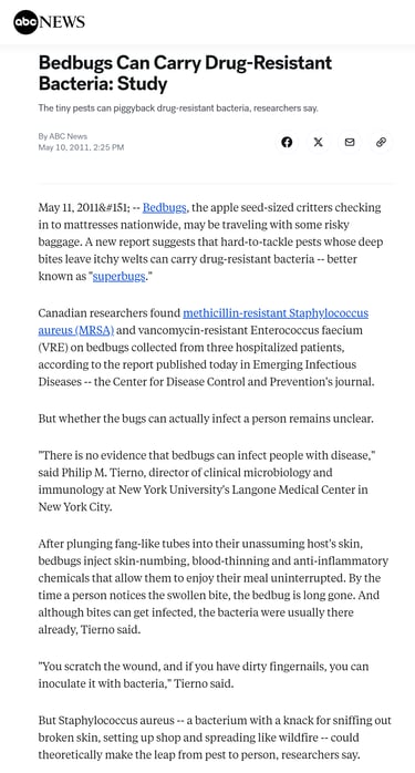 Study concluding bedbugs are carriers of drug-resistant bacterias.