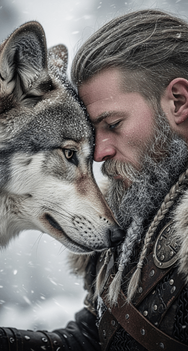 Viking warrior friendship with wolf