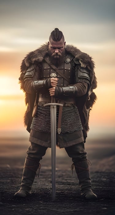 Viking warrior praying to gods holding sword