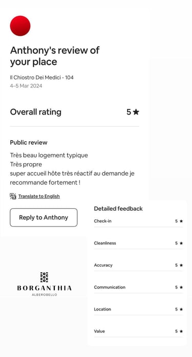 Schermata di una recensione ospite eccellente per BORGANTHIA con punteggio perfetto 5/5
