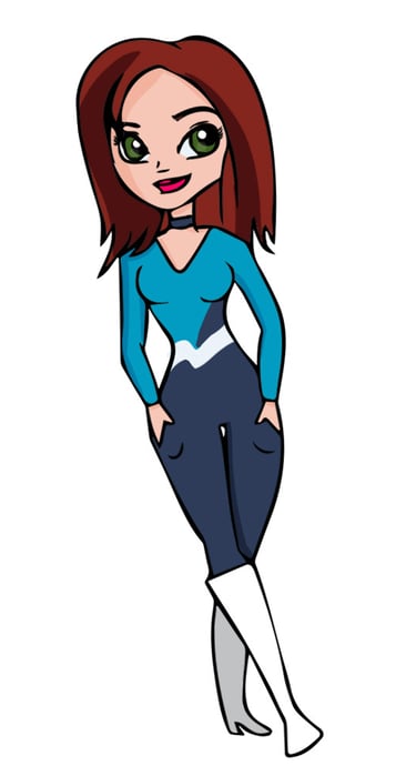 Cartoon illustration of Pitstop mascot character with red hair wearing a blue and navy suit.