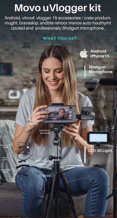 Movo uVlogger kit for Android and iPhone featuring a tripod, LED light, and shotgun microphone.