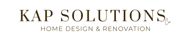 KAP Solutions Co. logo for home design and renovation services in gold text on a black background.