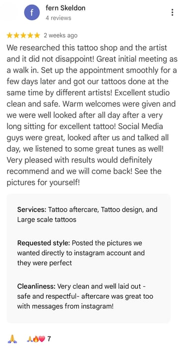 a review from google map of Max Duong Tattoo shop