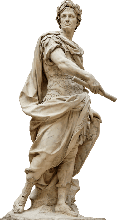 Full-length marble statue of Roman leader Julius Caesar wearing a laurel wreath and military robes.