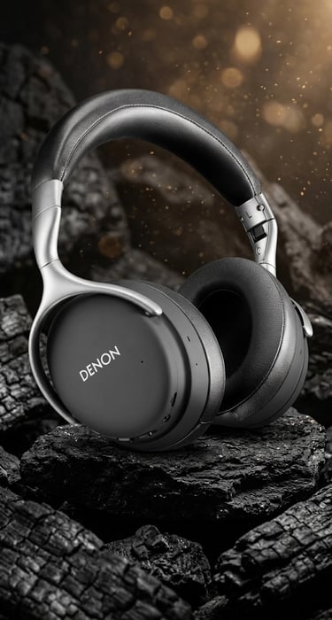 Casque sans fil à réduction de bruit Denon AH-GC30 noir posé sur une roche noire volcanique de luxe
