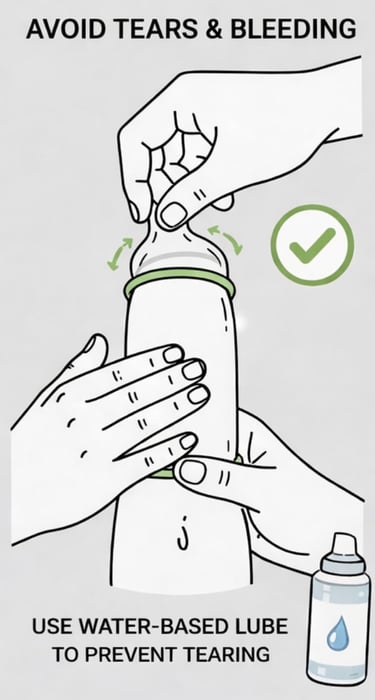 Hand Pinching top of condom and 2 hands gently pulling down condom with a bottle of lube