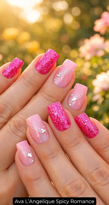 Nails by Ava L’Angelique. Pink glitter nails, cute pink nails, winter pink nails, pink nails ideas